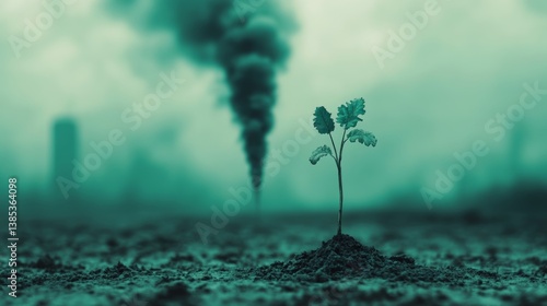 Young sprout growing in toxic soil as a symbol of new beginnings and environmental awareness