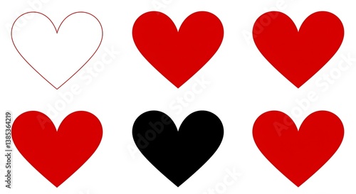 A collection of hearts in red, black, and white, symbolizing love, passion, and neutrality, simply designed against a stark white background.