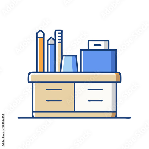 Illustration of desk organizer with stationery supplies for office and school organization and storage