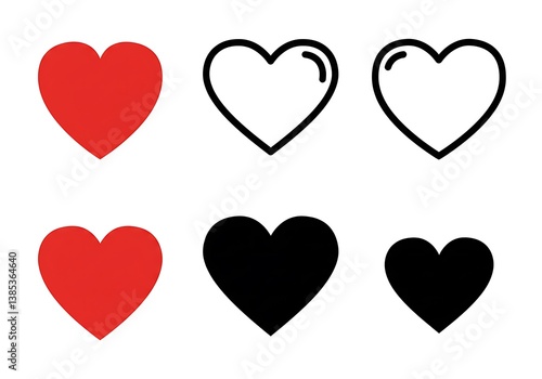 A collection of simple hearts in red, black, and white showcasing different styles and fills, offering versatile options for design projects.
