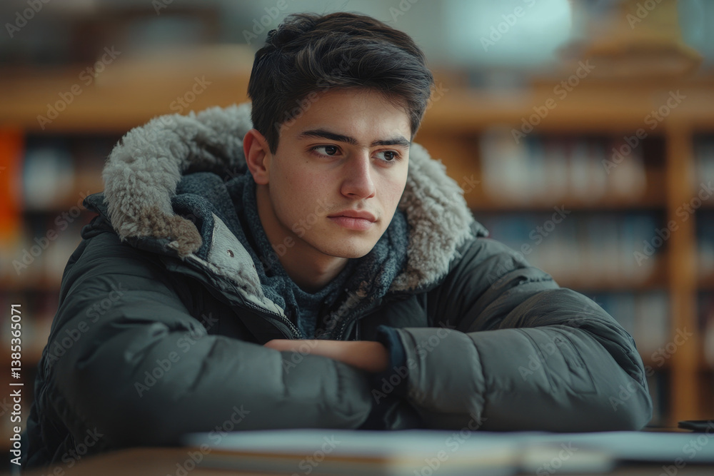 Concentrated thoughtful latin student guy, sitting at table in campus library, thinking about project or homework, looking at copybook, Generative AI Concentrated thoughtful latin student guy, sitting at table in campus library, thinking about project or homework, looking at copybook, Generative AI