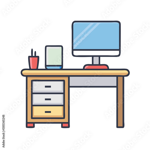 Illustration of desk with computer screen and office supplies for workspace and study area design ideas
