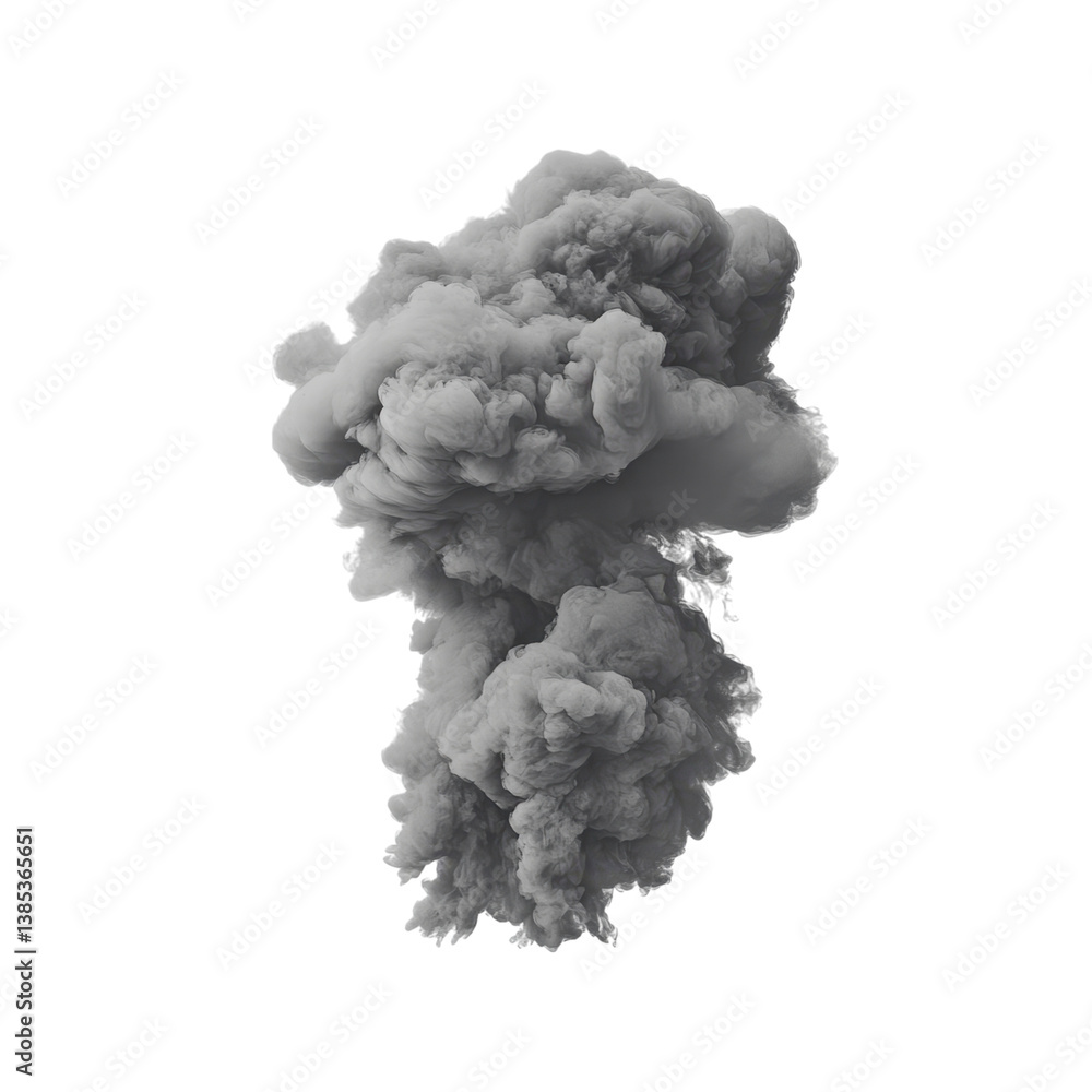 Rising smoke blending with clouds on a white background