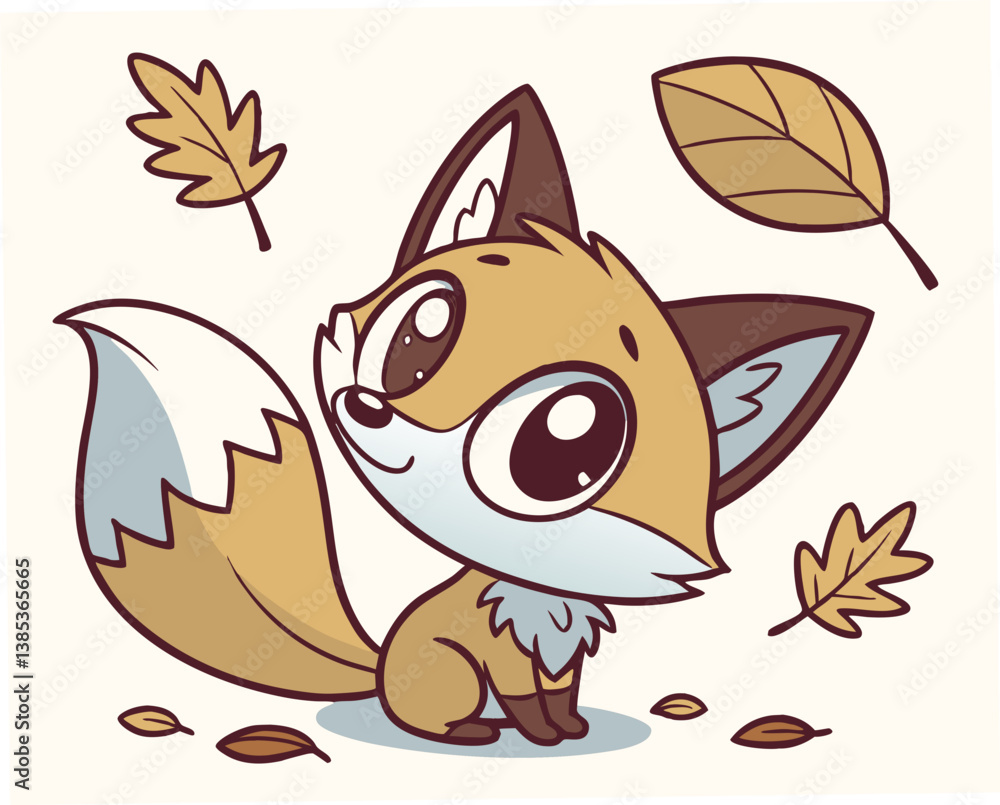 Fototapeta premium Cute chibi fox looking up surrounded by falling leaves 