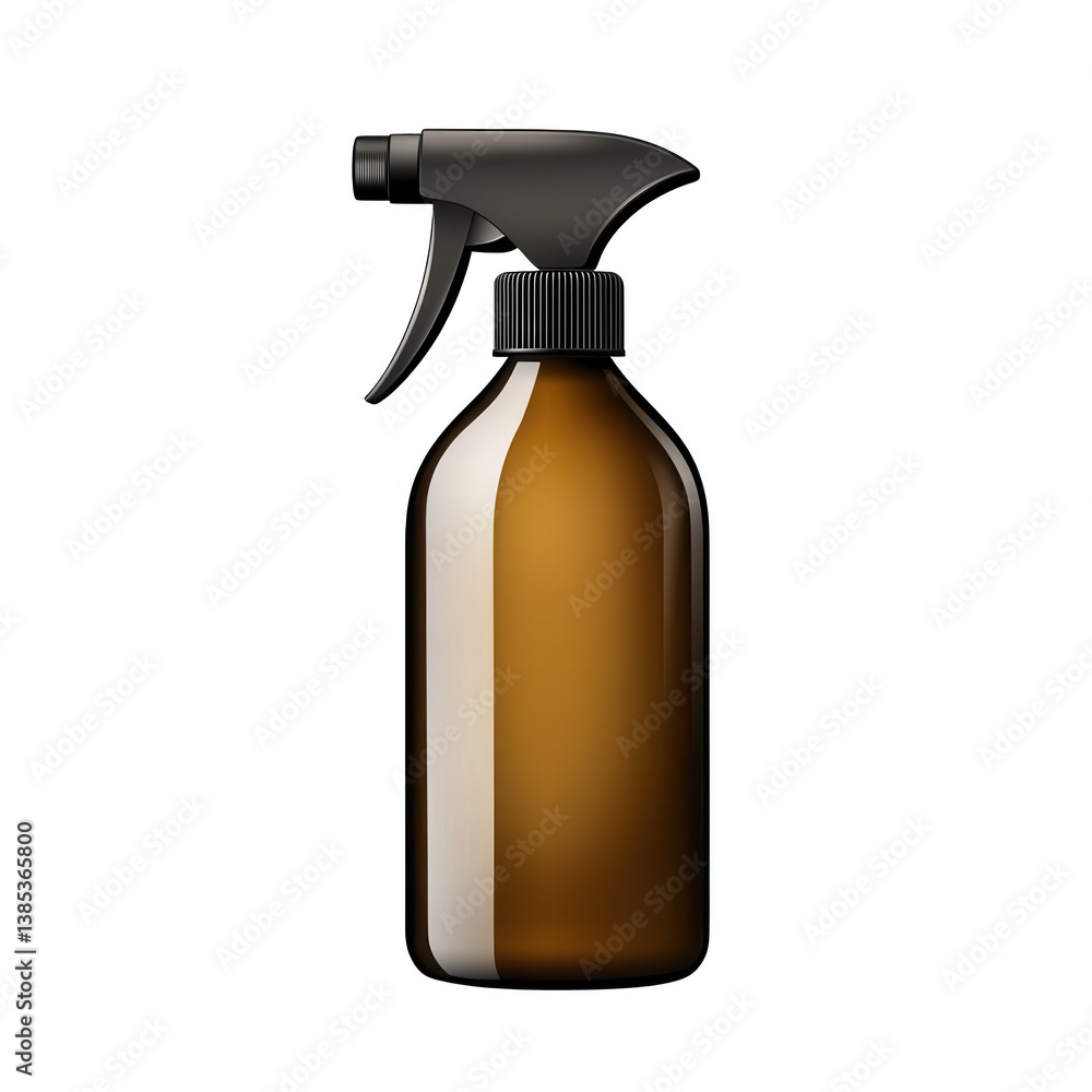 Brown spray bottle with black nozzle on a white isolated background, perfect for various cleaning or cosmetic uses in advertisements and product displays. Brown spray bottle with black nozzle on a white isolated background, perfect for various cleaning or cosmetic uses in advertisements and product displays.