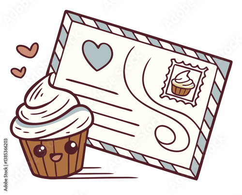 Cute cupcake illustration with postcard and hearts  