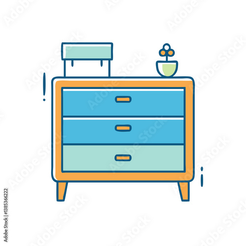 Illustration of a bedroom dresser with drawers and decor for interior design and home furnishing ideas