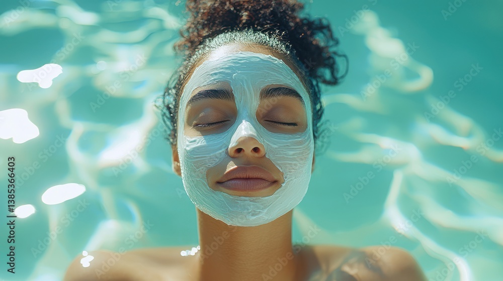 Naklejka premium Woman relaxing, face mask, pool, summer, spa treatment, skincare