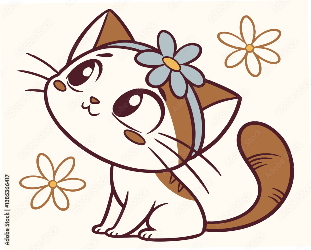 Fototapeta premium Cute chibi cat with flower headband smiling among flowers 