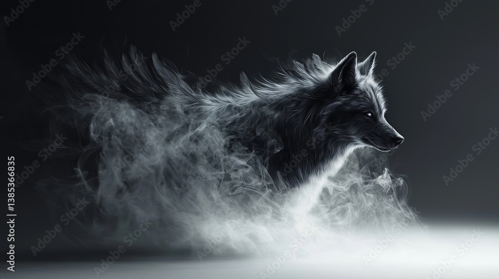 Obraz premium A majestic black wolf emerges from swirling mist, exuding a mystical and powerful presence in a dark setting.