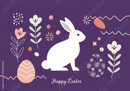 A serene Easter bunny nestled among delicate floral designs and pastel eggs on a rich purple background, conveying springtime peace and joy.