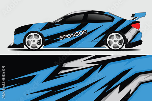 Dynamic blue and black racing car design showcasing sleek lines and modern graphics in a minimalist setting