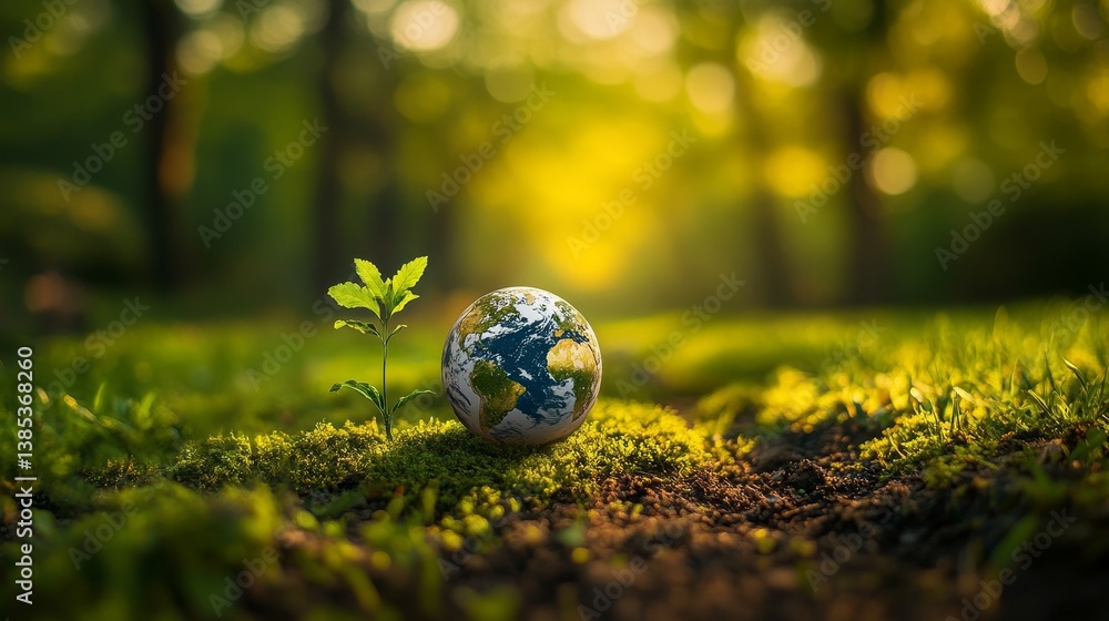 Planet Earth resting on forest ground beside a young plant symbolizing hope and regeneration on Earth Day