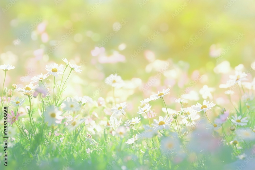Fototapeta premium White daisy flowers are blooming in a bright sunny meadow