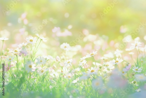 White daisy flowers are blooming in a bright sunny meadow