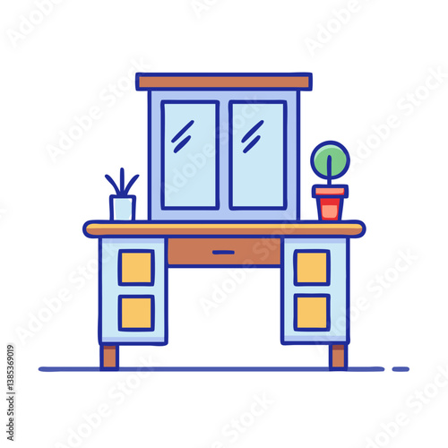 Illustration of vanity table with mirror and drawer for bedroom furniture and interior design ideas