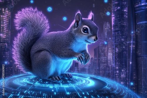 A squirrel in a cyberpunk city, perched on a neon sign with digital acorns floating around