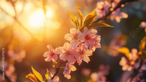 Spring blossoms illuminated by sunset