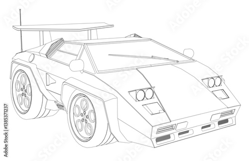 A cartoon car with a long hood and a long wheelbase. The car is drawn in black and white