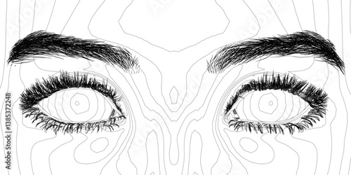A close up of a woman's eyes with a black eyebrow. The eyes are open and staring at the camera. The image has a mysterious and eerie mood, as if the woman is looking into the abyss