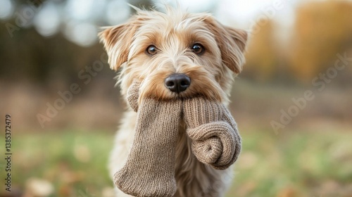 Adorable tan dog holding knit sock in mouth on grass