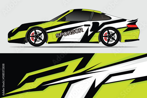 Vibrant racing car design featuring bold graphics and a sleek profile against a minimal backdrop