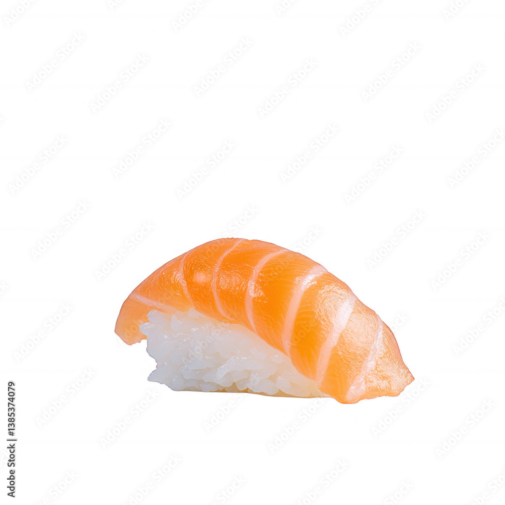 Fresh sushi piece with salmon on top of vinegared rice, presented on a white isolated background, perfect for culinary and food-related imagery. Fresh sushi piece with salmon on top of vinegared rice, presented on a white isolated background, perfect for culinary and food-related imagery.