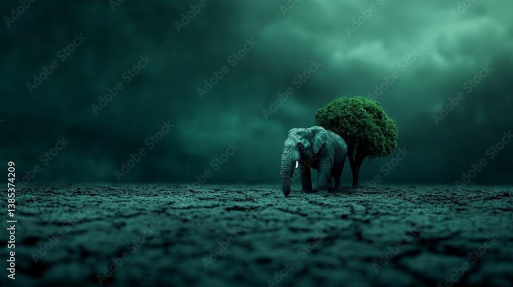 Elephant walking through dry cracked land under dramatic green sky with lone tree in the distance