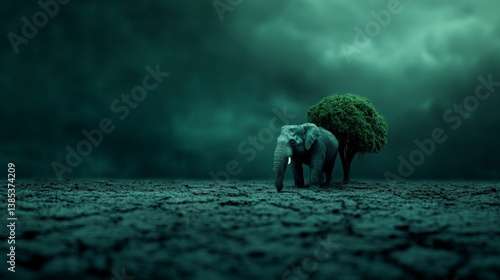 Obraz na płótnie Elephant walking through dry cracked land under dramatic green sky with lone tree in the distance w salonie