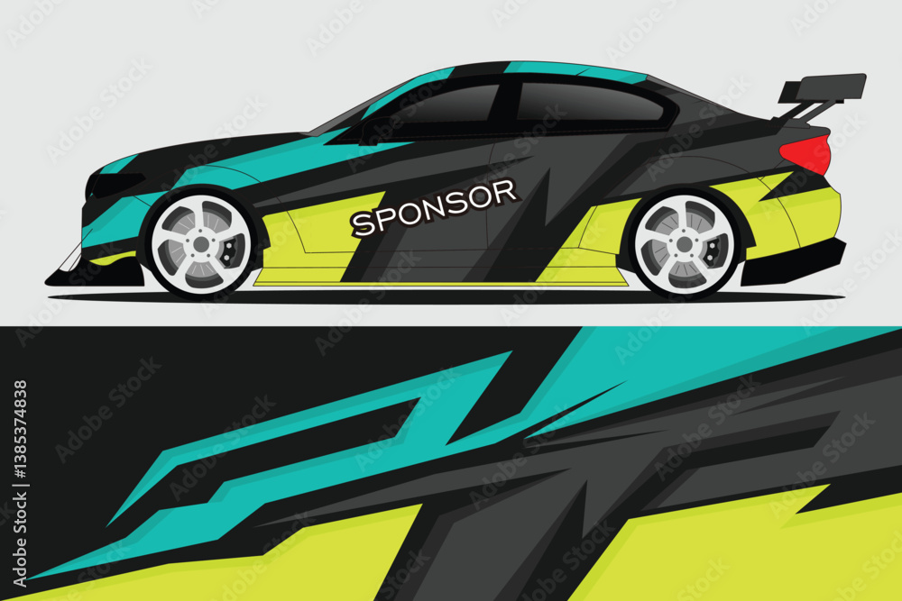 Sleek racing car design showcasing dynamic graphics and bold colors, ideal for motorsport promotions