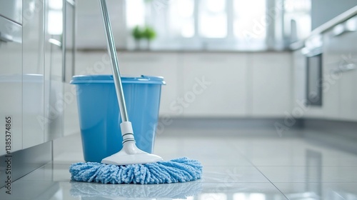 Clean kitchen scene with mop and bucket on shiny floor in bright modern interior