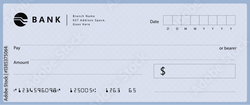 Bank check, vector blank money cheque, checkbook template with guilloche pattern and fields. Currency payment coupon, money check background