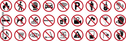 Set of prohibition flat icons. Red prohibition circle no fire, walk, parking, bathing, smoking, animals, knife, camera, music, bicycle, shower, drinking etc symbols isolated on transparent background.
