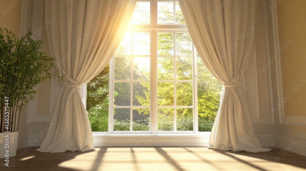 Fototapeta premium Tied-back curtains beside open window bringing in fresh air