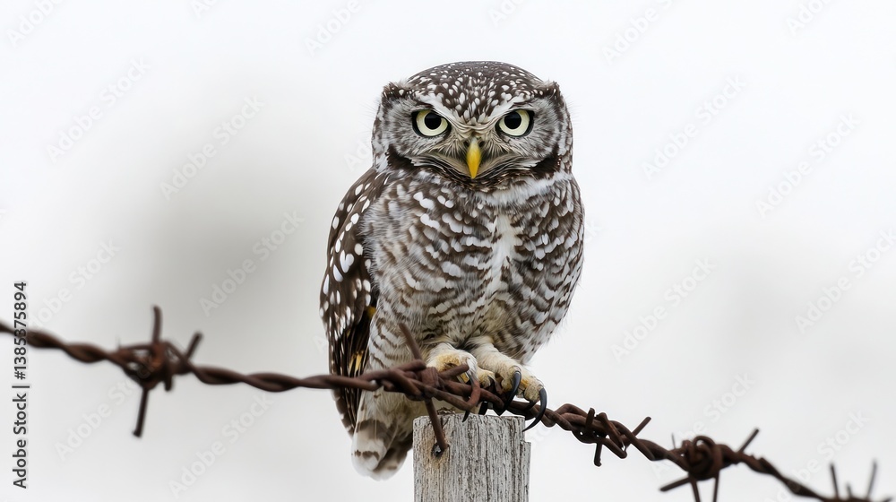 Owl perched on barbed wire fence, front view, outdoors Owl perched on barbed wire fence, front view, outdoors