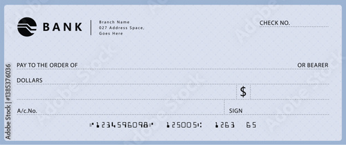 Bank check, vector blank money cheque, checkbook template with guilloche pattern and fields. Currency payment coupon, money check background