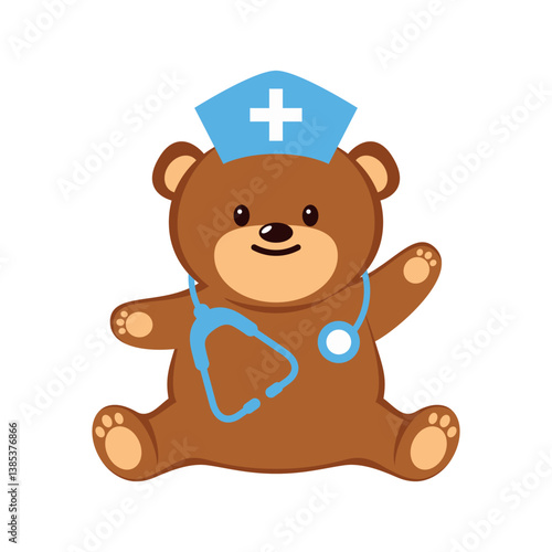 Cute sitting teddy bear doctor with stethoscope vector illustration. Teddy bear toy doctor icon isolated on a white background. Happy brown medical teddy bear cartoon