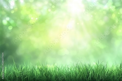 An abstract landscape of green grass and sunlight with bokeh effects