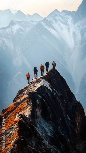 A group of adventurers crossing a narrow ridge in the Himalayas