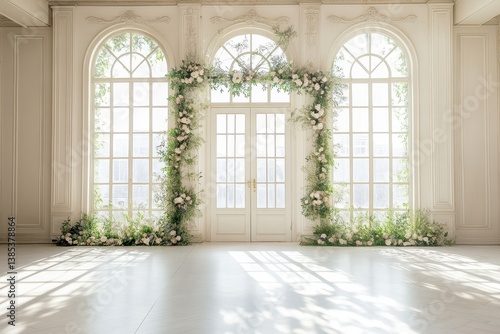 Elegant Wedding Backdrop Ceremony Indoor with floral decoration in modern venue