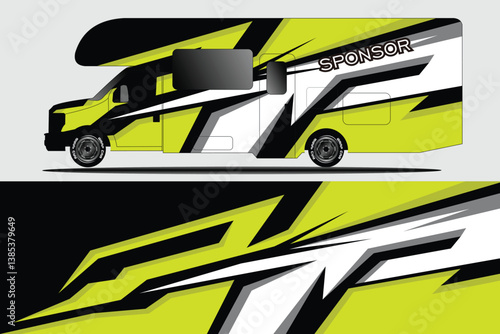 Vibrant camper van with dynamic design parked against a minimalistic backdrop