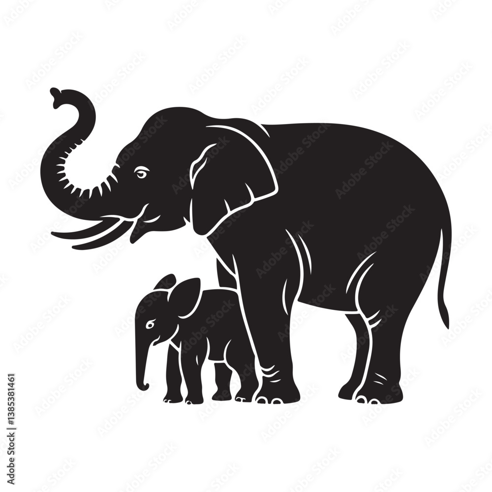 Fototapeta premium Mother elephant and with her child silhouette