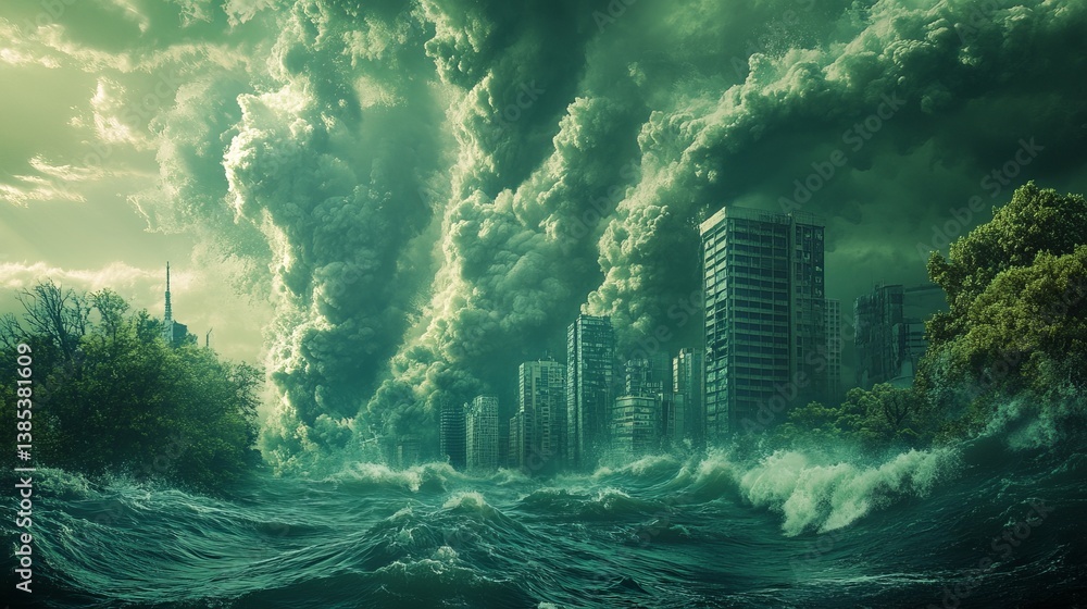 Apocalyptic flood waves crashing through abandoned city as storm clouds rise over skyline