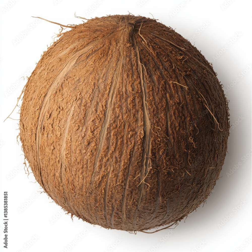 A single coconut in close-up, isolated on a white background. Featuring rough texture and exotic appeal A single coconut in close-up, isolated on a white background. Featuring rough texture and exotic appeal
