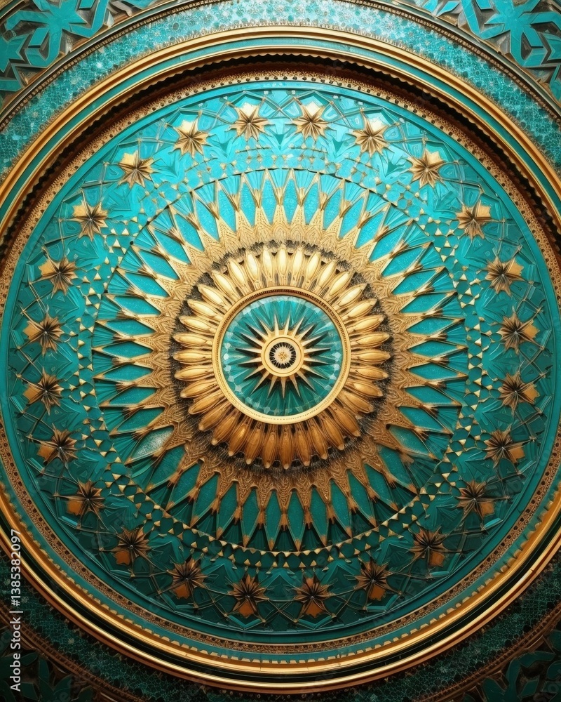 Fototapeta premium Intricate ornate pattern of gold and blue. Concentric design in a ceiling. Turquoise and gold color scheme tile pattern