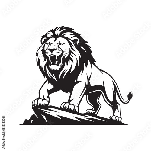 Lion hunting vector illustration on white background featuring a wild, tribal design silhouette of a powerful feline