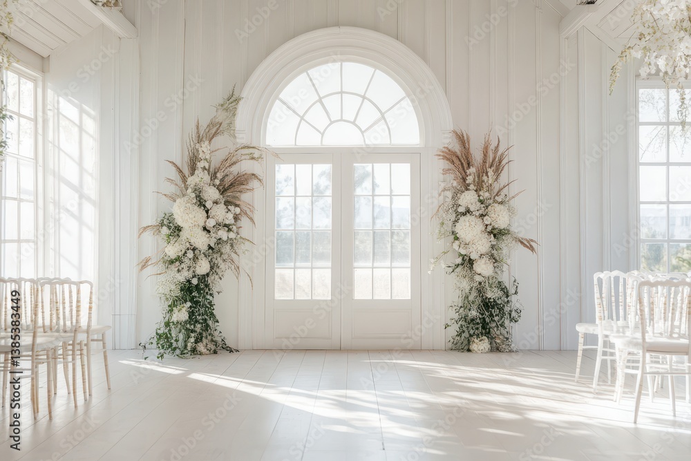 Fototapeta premium Elegant Wedding Backdrop Ceremony Indoor with floral decoration in modern venue