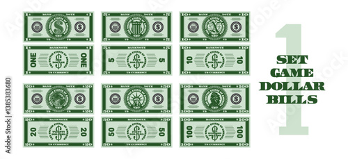 Vector set of green classic symmetrical game dollar bills. Banknotes of United States of America, denominations of 1, 5, 10, 20, 50 and 100 dollars. Shield, eagle head, statue and Indian native. One