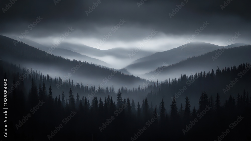 Obraz premium Misty Mountains Silhouette; tranquil forest scene; dark landscape; nature; perfect for backgrounds; wallpapers; stock photo; use in nature documentaries or travel blogs