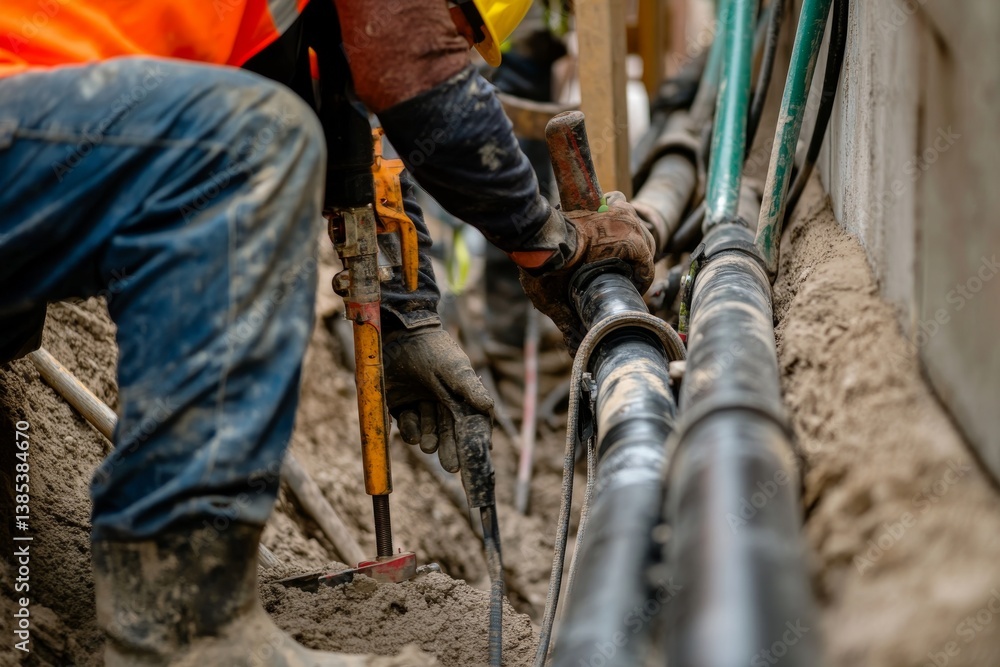A construction worker installing pipes at a job site. Featuring expertise and precision A construction worker installing pipes at a job site. Featuring expertise and precision